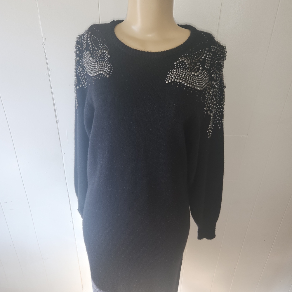 Vintage Raoul Black Long Sleeve Dress with Silver Beaded Accents